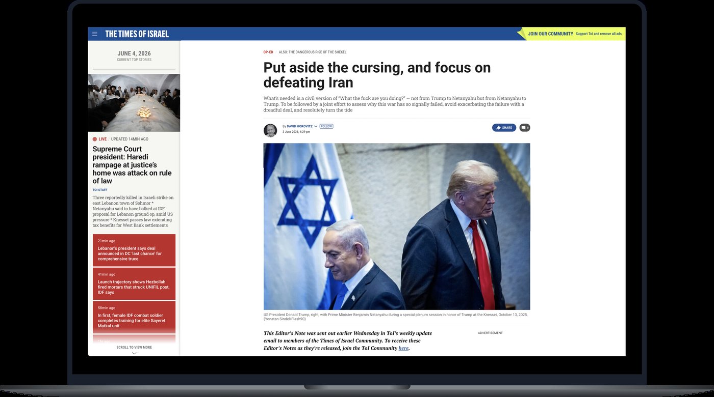 The Times of Israel on a laptop
